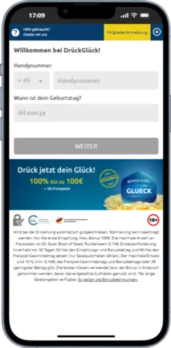 Anmelde- und Registrierungsformular bei DrückGlück